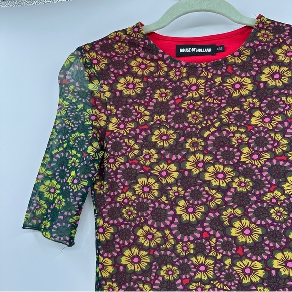 House of Holland Mesh Overlay Floral Graphic Print Midi Dress Size 2 - Picture 3 of 7